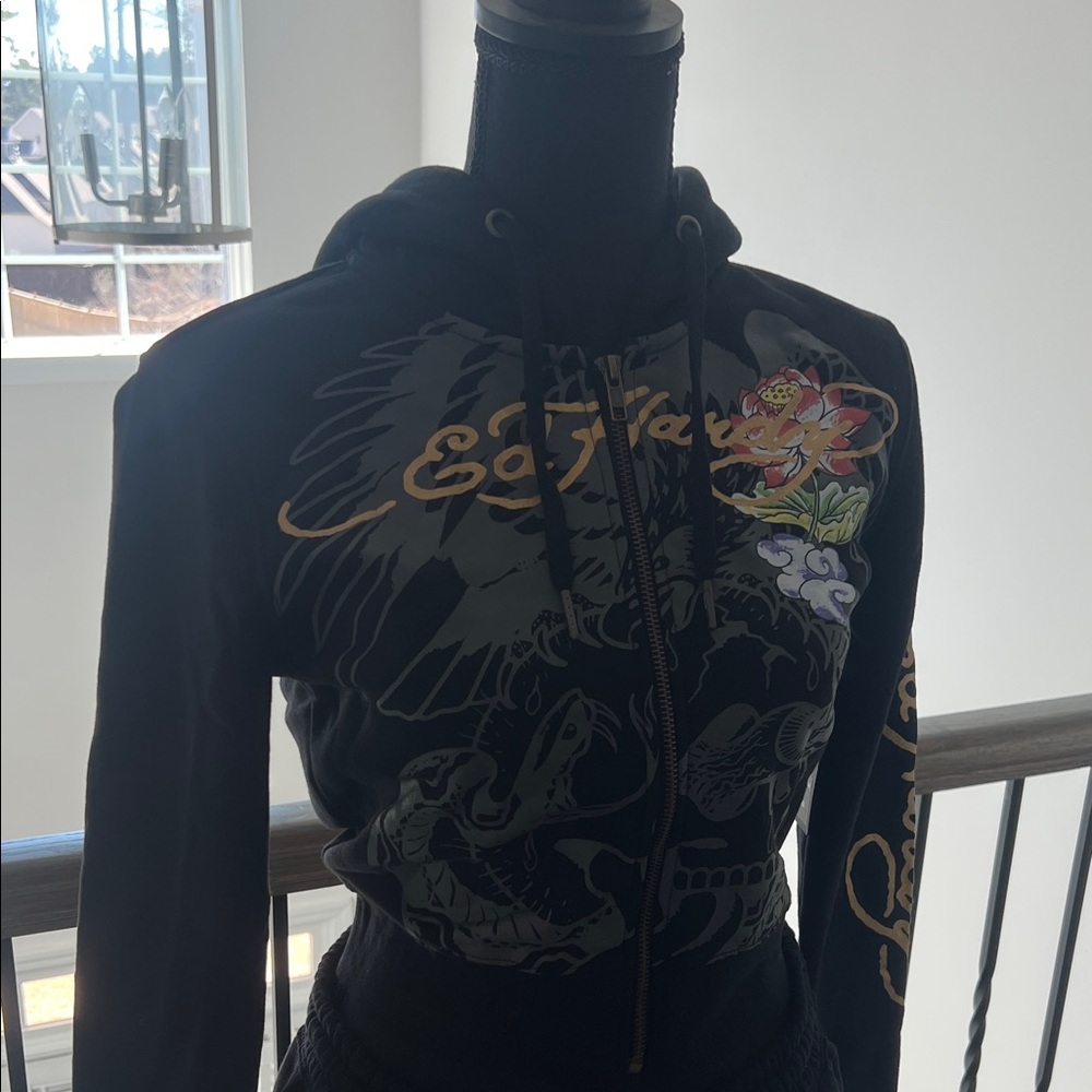 Ed Hardy Black and Gold Graphic Zip-Up and Sweatpants (Complete Outfit)
